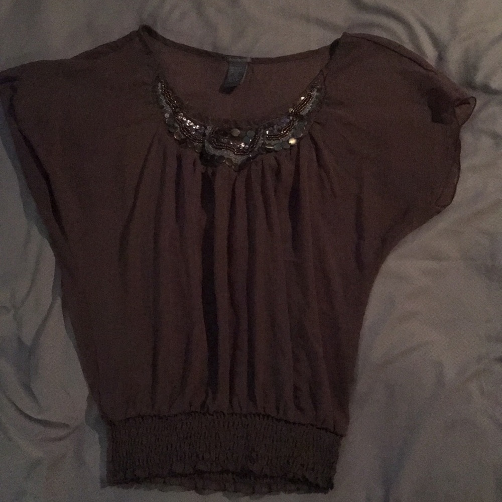 Brown see through shirt with jewels barely worn